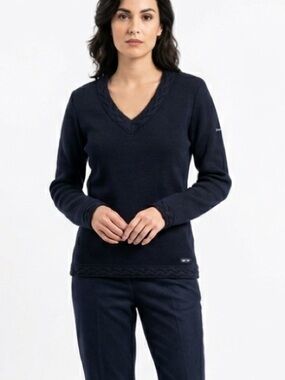 Saint James size medium dark blue V-Neck Knit Sweater with Braided Trim